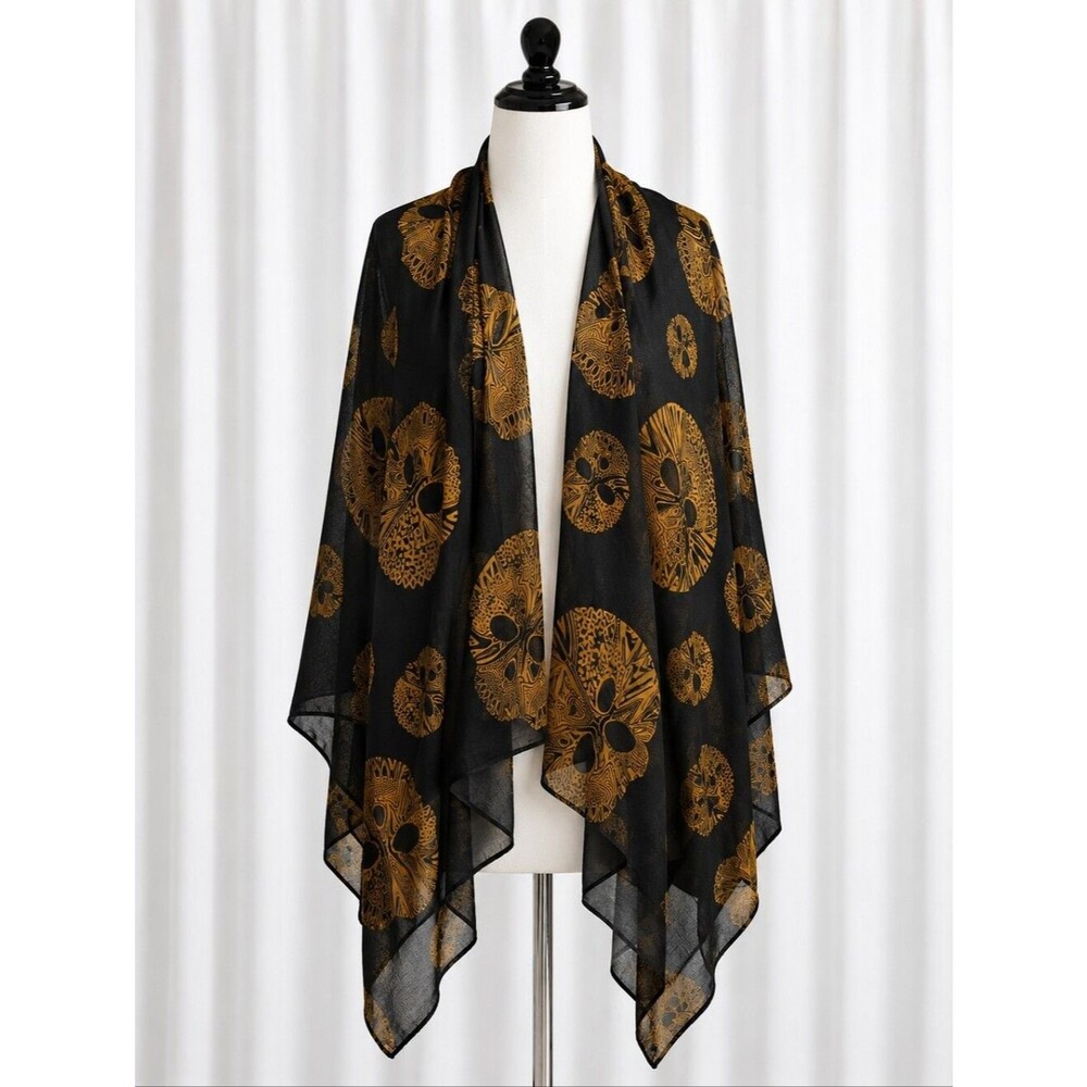Edgy Tribal Sugar Skull Pattern Semi Sheer Black Golden Tan Oversized Scarf Wrap